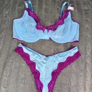 Victorias Secret Tease Unlined Demi Bra, Blue and Purple Lace Bra Set, 38DD, L